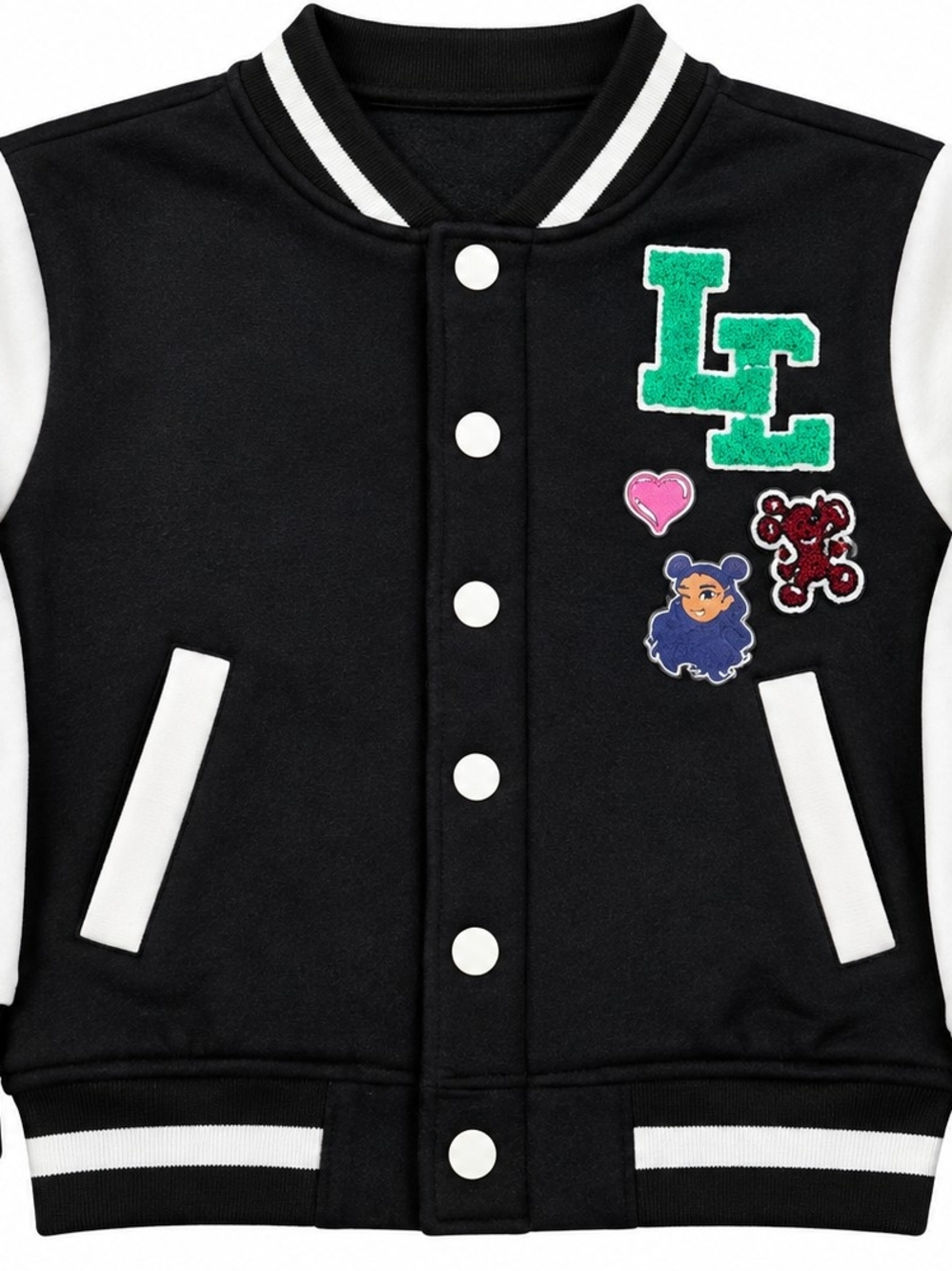 Kids black snap-front top label